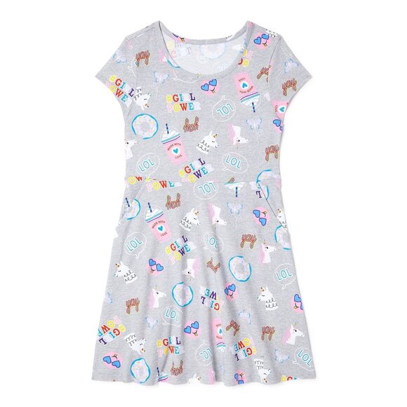Wonder Nation Size Large 10/12 Girls Dress Gray Unicorns & Girl Power Print - Picture 2 of 9